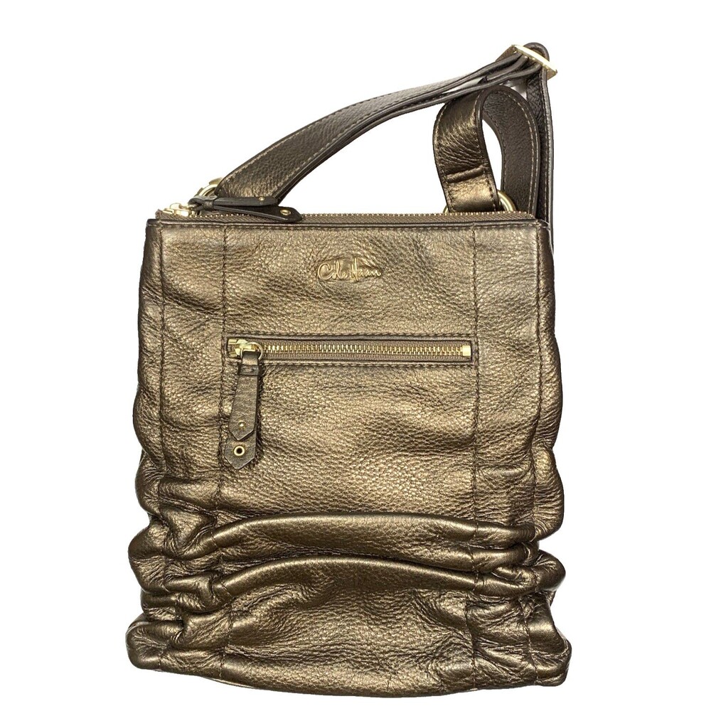 Cole Haan Small Crossbody Purse Handbag Metallic Bronze Ruched Pleated Textured